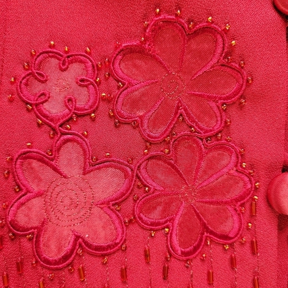 Emily Blazer Size 10 Beaded Embroidered Satin Button Loops Lined Christmas Red - Picture 6 of 14
